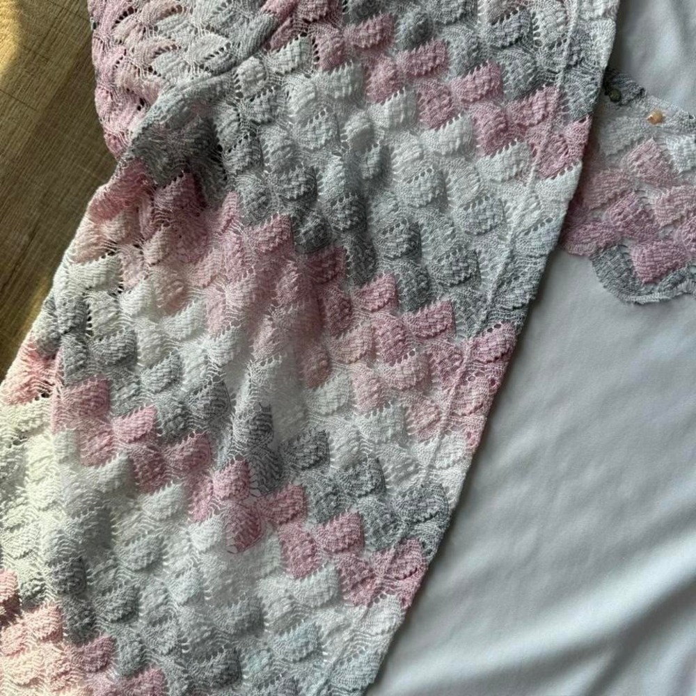 Y2K Alfred Dunner Crochet Twofer Women's Size Medium Pink Gray White Stripe Boho - Picture 3 of 7